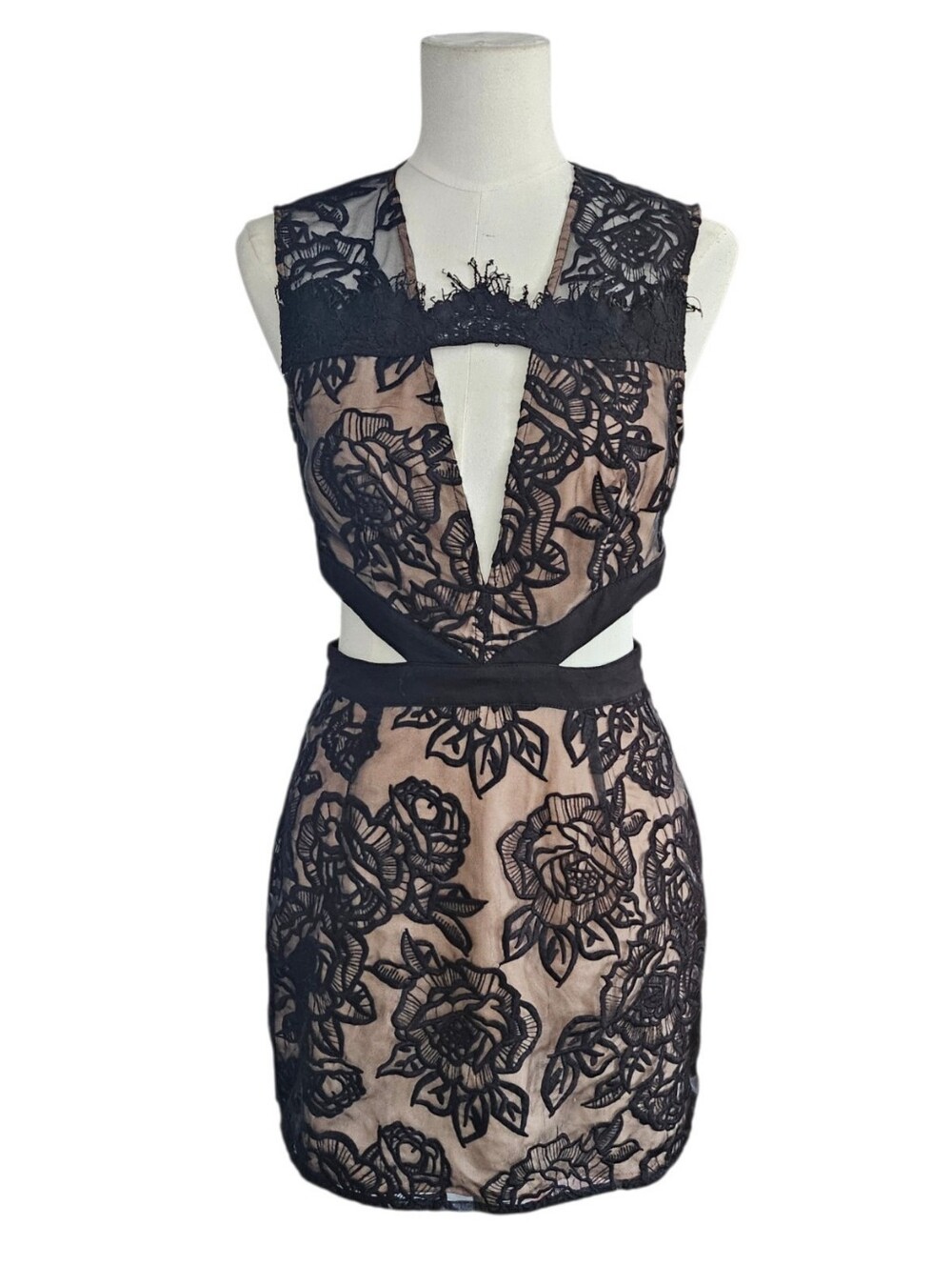 StyleStalker Black Lace Night Fever Cutout Dress Nude Underlay Size M
